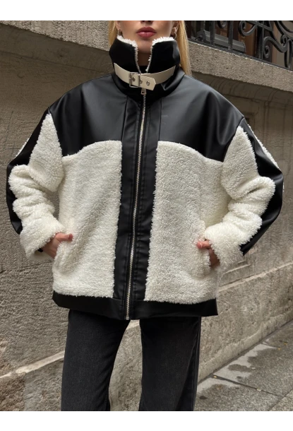 Kadın Deri Garnili Peluş Mont