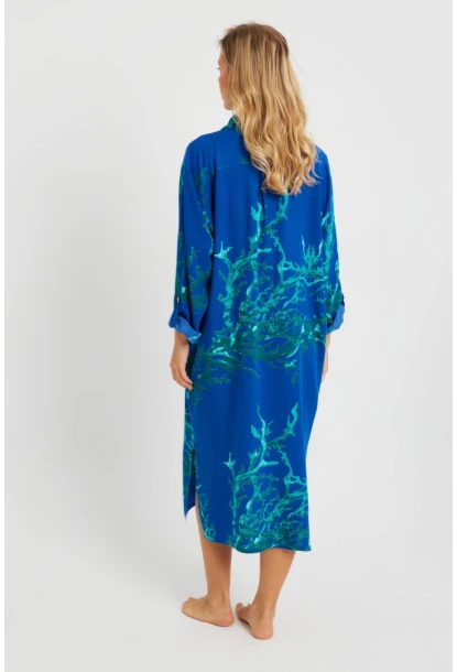 Kadın Desenli Gömlek Elbise Saks LV174