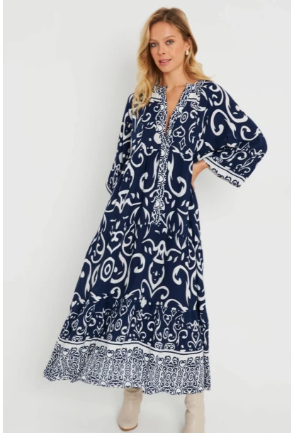Kadın Desenli Salaş Maxi Elbise Lacivert Q981