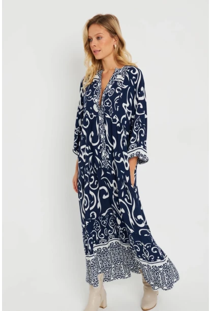 Kadın Desenli Salaş Maxi Elbise Lacivert Q981