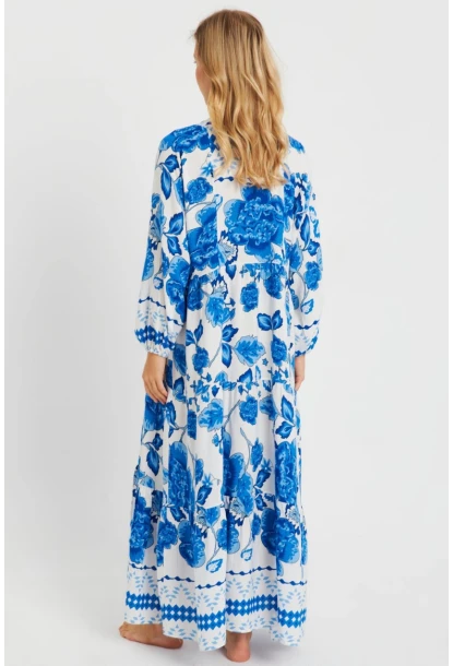 Kadın Desenli Salaş Maxi Elbise Mavi Q981