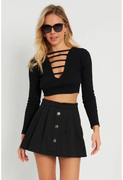 Kadın Düğme Detaylı Şort Etek Siyah KED0051