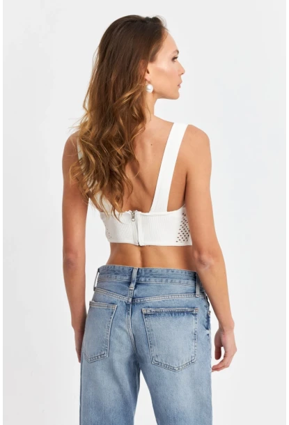 Kadın Ekru Ajurlu Crop Bluz SB030