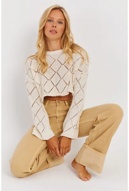 Kadın Ekru Ajurlu Kısa Triko Bluz YZ628