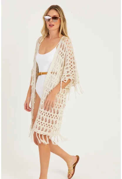 Kadın Ekru Ajurlu Püsküllü Hırka YV224