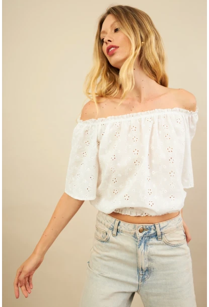 Kadın Ekru Ajurlu Straplez Bluz BTY106