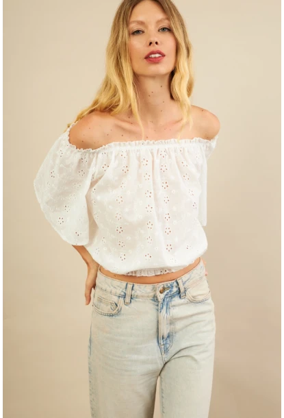 Kadın Ekru Ajurlu Straplez Bluz BTY106