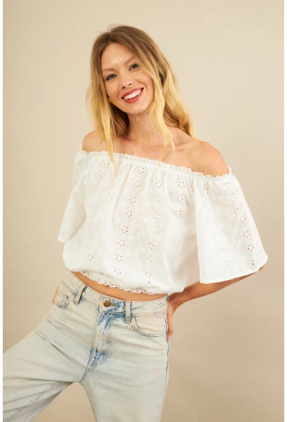 Kadın Ekru Ajurlu Straplez Bluz BTY106