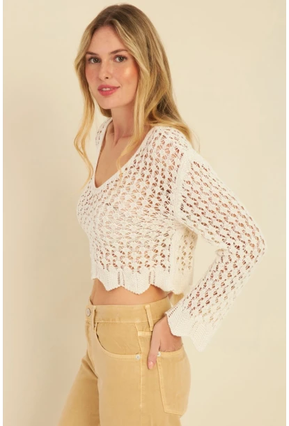 Kadın Ekru Ajurlu Triko Bluz MZU603