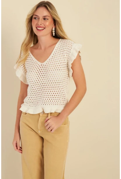 Kadın Ekru Ajurlu Triko Bluz ZU607