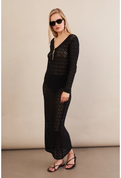 Kadın Siyah Aksesuarlı Triko Plaj Elbisesi KZ3237-90