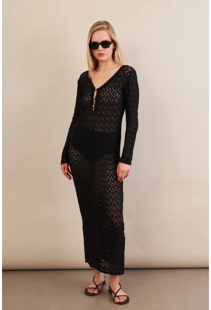 Kadın Siyah Aksesuarlı Triko Plaj Elbisesi KZ3237-90