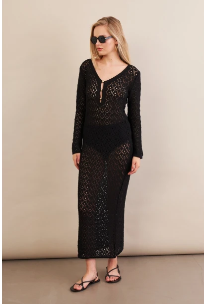 Kadın Siyah Aksesuarlı Triko Plaj Elbisesi KZ3237-90