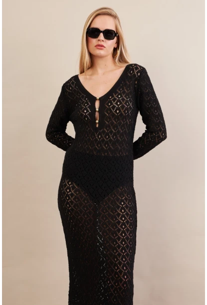 Kadın Siyah Aksesuarlı Triko Plaj Elbisesi KZ3237-90