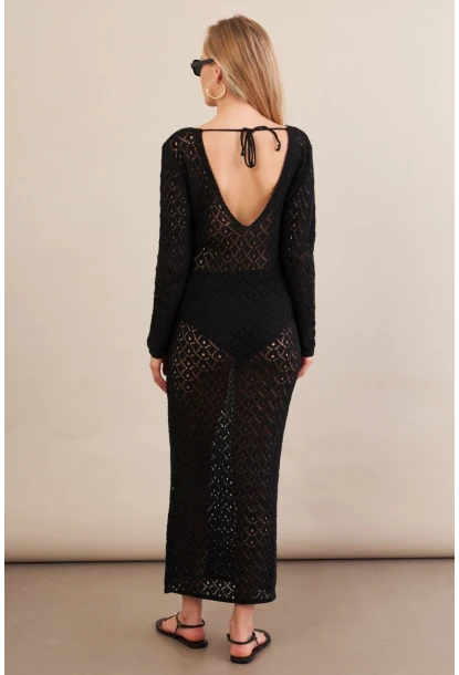 Kadın Siyah Aksesuarlı Triko Plaj Elbisesi KZ3237-90