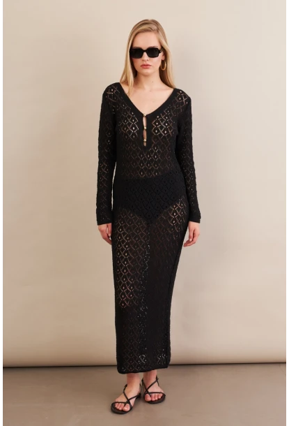 Kadın Siyah Aksesuarlı Triko Plaj Elbisesi KZ3237-90