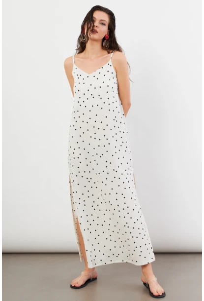 Kadın Ekru Askılı Puantiyeli Krinkıl Midi Elbise AYD413