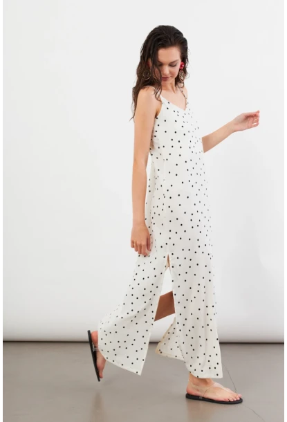 Kadın Ekru Askılı Puantiyeli Krinkıl Midi Elbise AYD413