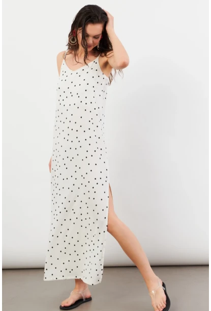 Kadın Ekru Askılı Puantiyeli Krinkıl Midi Elbise AYD413