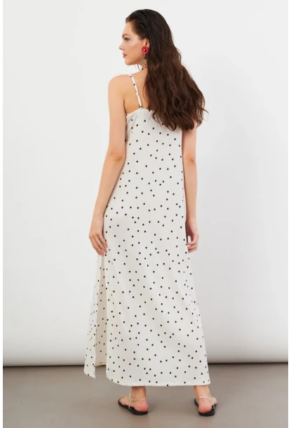 Kadın Ekru Askılı Puantiyeli Krinkıl Midi Elbise AYD413