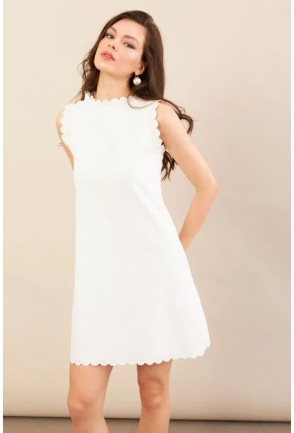Kadın Ekru Astarlı Mini Keten Elbise AYD415