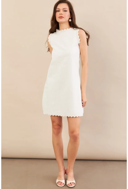 Kadın Ekru Astarlı Mini Keten Elbise AYD415
