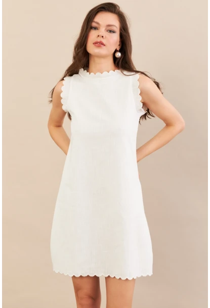 Kadın Ekru Astarlı Mini Keten Elbise AYD415