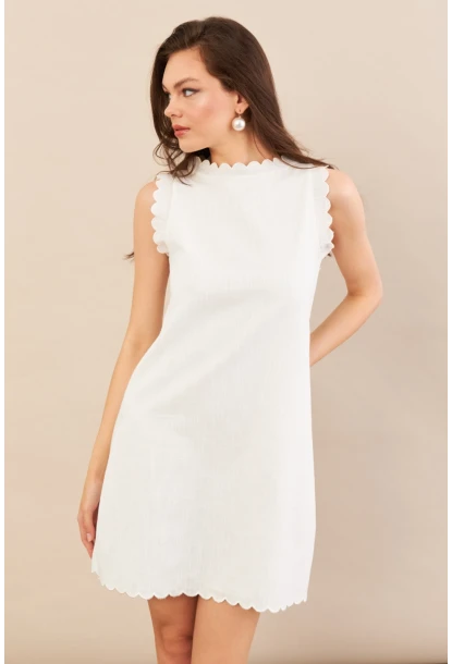 Kadın Ekru Astarlı Mini Keten Elbise AYD415