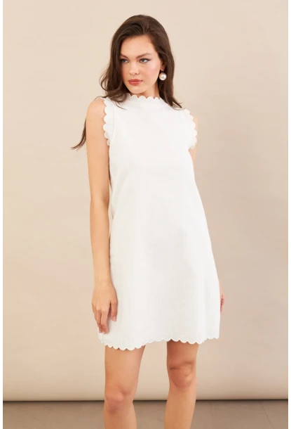 Kadın Ekru Astarlı Mini Keten Elbise AYD415