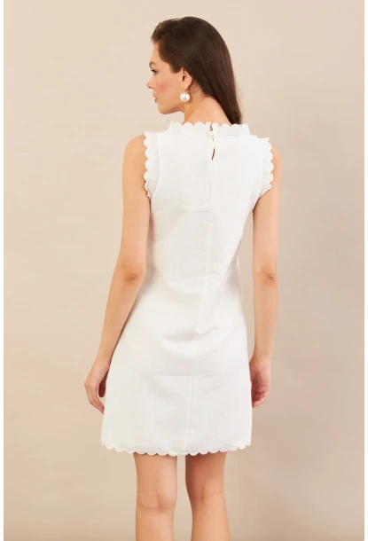 Kadın Ekru Astarlı Mini Keten Elbise AYD415