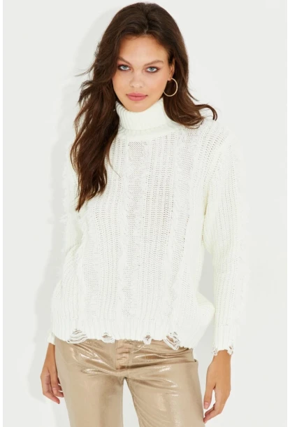 Kadın Ekru Balıkçı Yaka Püsküllü Triko Kazak KZ2471