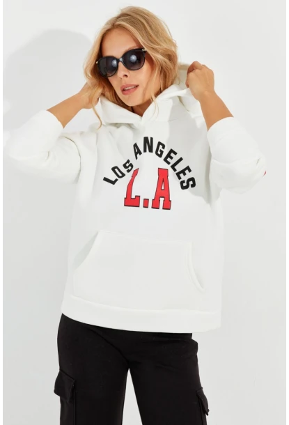 Kadın Ekru Baskılı Kapüşonlu Sweatshirt DA146