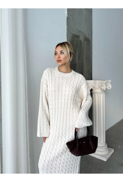 Kadın Ekru Bisiklet Yaka Saç Örgülü Kadın Triko Midi Elbise