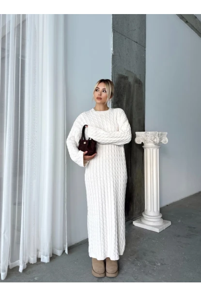 Kadın Ekru Bisiklet Yaka Saç Örgülü Kadın Triko Midi Elbise