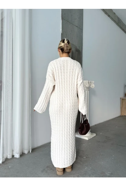 Kadın Ekru Bisiklet Yaka Saç Örgülü Kadın Triko Midi Elbise