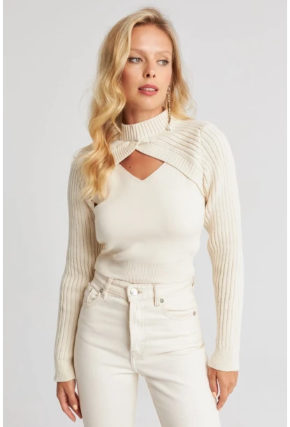 Kadın Ekru Bolerolu Triko Takım YZ524