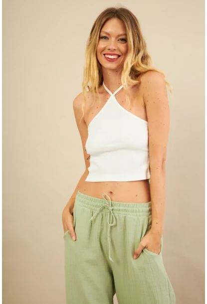 Kadın Ekru Boncuk Detaylı Sırtı Açık Bluz LPP1245-90