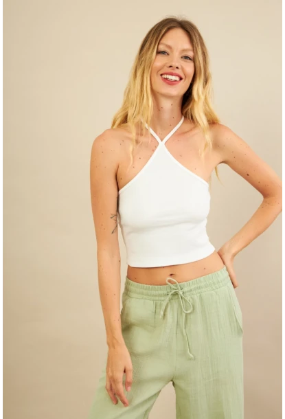 Kadın Ekru Boncuk Detaylı Sırtı Açık Bluz LPP1245-90