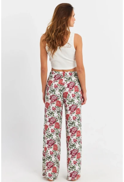 Kadın Ekru-Bordo Çiçek Desenli Pantolon FLS03