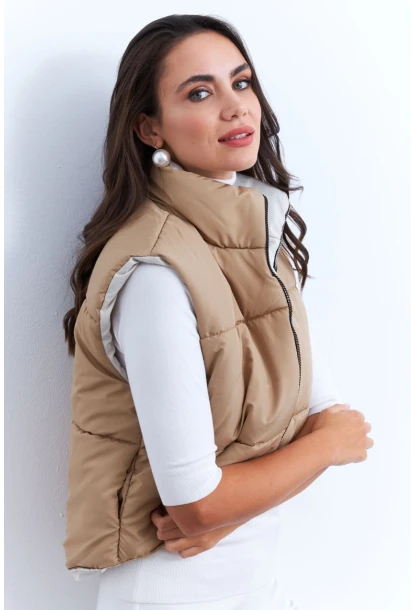 Kadın Ekru-Camel Çift Taraflı Şişme Kısa Yelek MX12