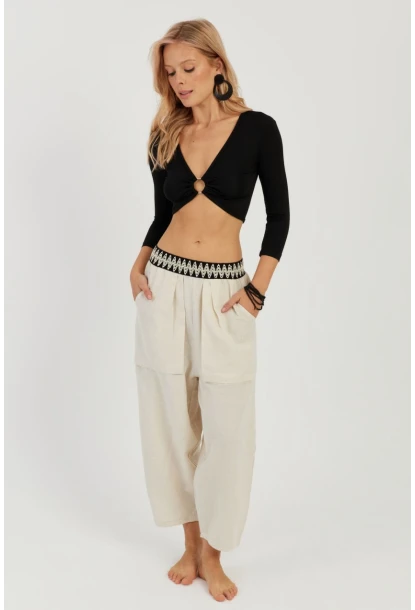Kadın Ekru Cepli Şalvar Pantolon ÖM1203