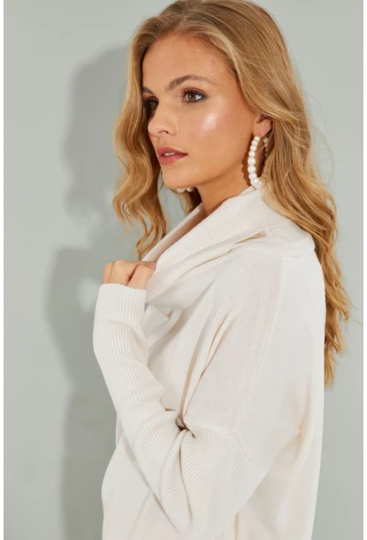 Kadın Ekru Degaje Yaka Cepli Triko Kazak YZ519