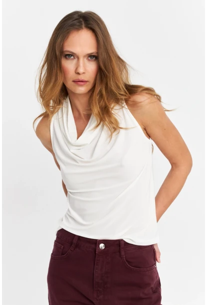 Kadın Ekru Degaje Yaka Kolsuz Bluz LPP1226-90