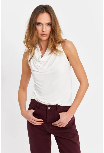 Kadın Ekru Degaje Yaka Kolsuz Bluz LPP1226-90