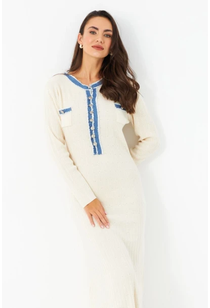 Kadın Ekru Denim Detaylı Maxi Elbise MQAS200