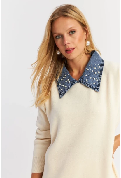 Kadın Ekru Denim Yakalı İncili Alt Üst Triko Takım NUV22