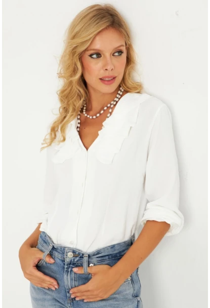Kadın Ekru Fırfırlı Gömlek RLO19