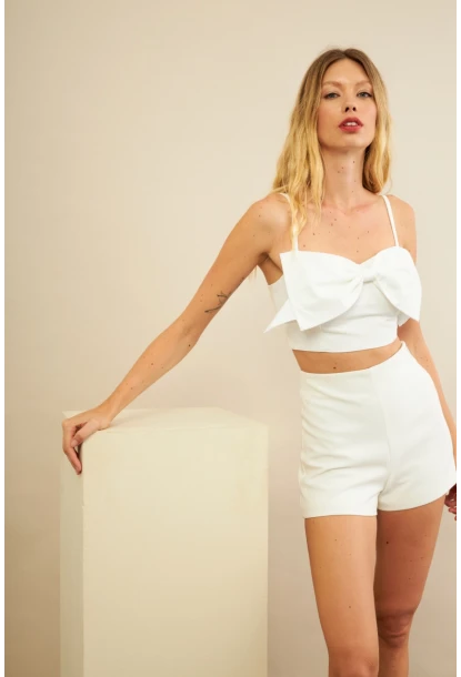 Kadın Ekru Fiyonklu Crop Bluz KED0089