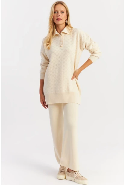 Kadın Ekru İnci Düğmeli Triko Alt Üst Takım NUV33