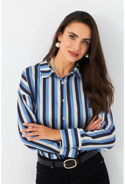 Kadın Ekru-İndigo Desenli Saten Gömlek MSHR500